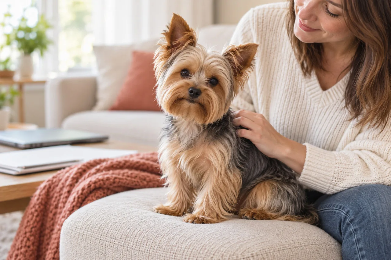 Small tan dog resting beside an owner at home