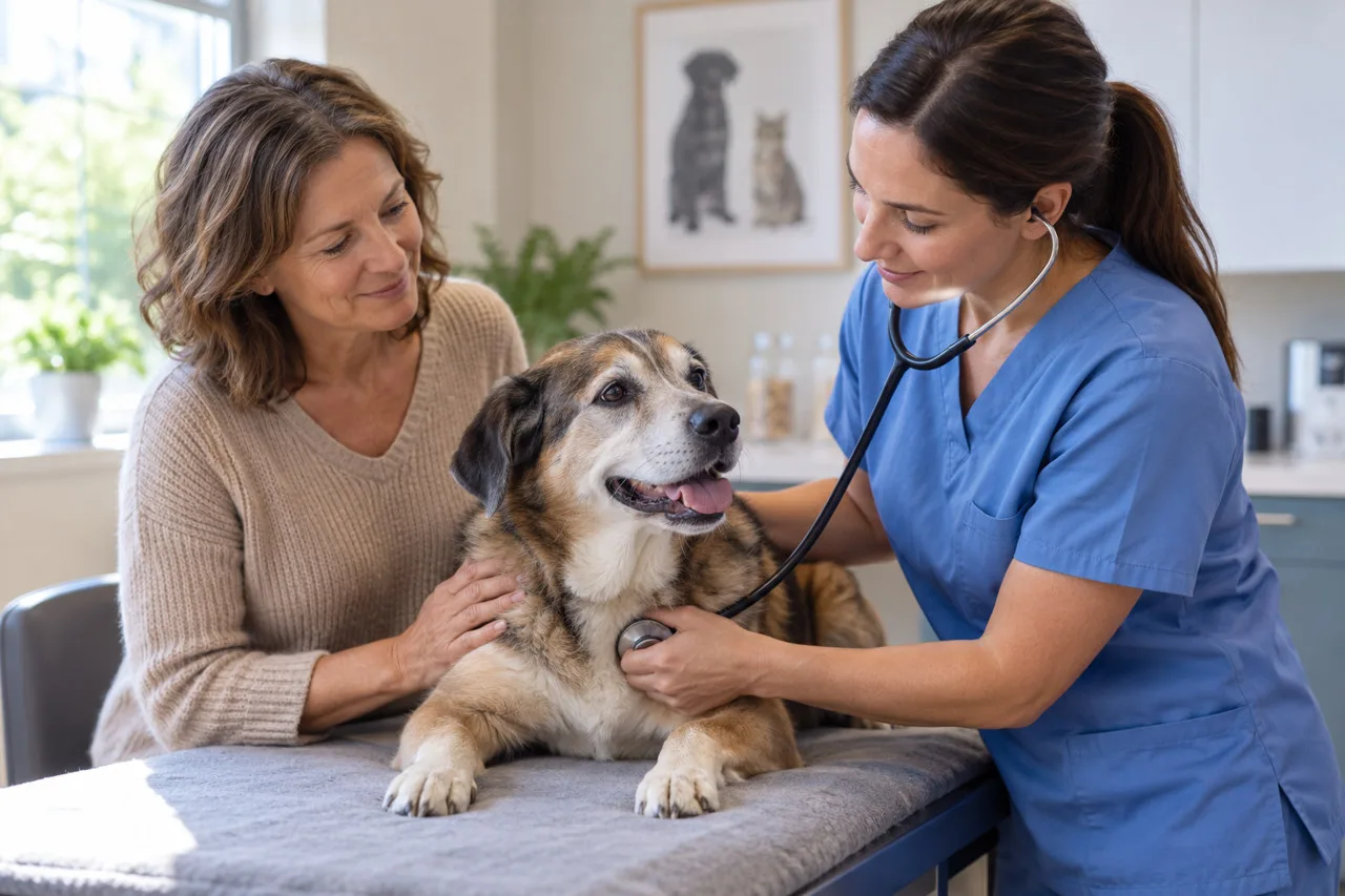 Veterinarian discussing a dog’s examination with its owner